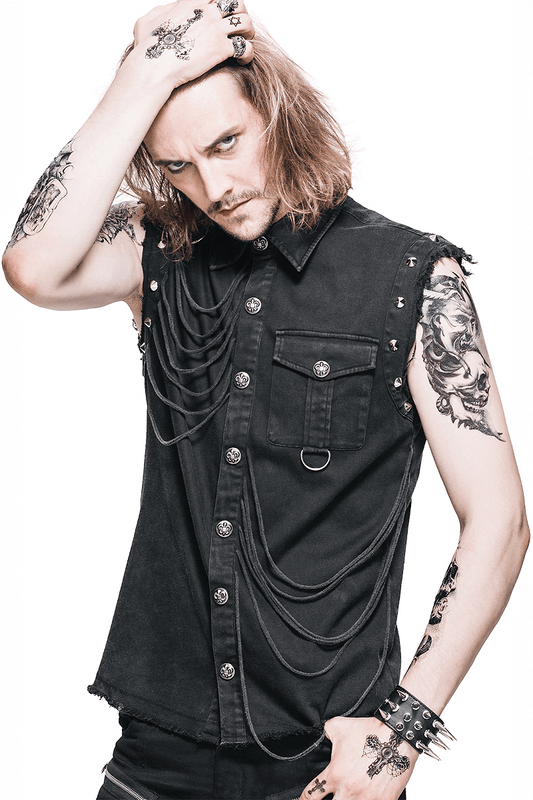 Men's Slim Sleeveless Shirt with Decorative Buttons / Gothic Style Rivets Black Shirt