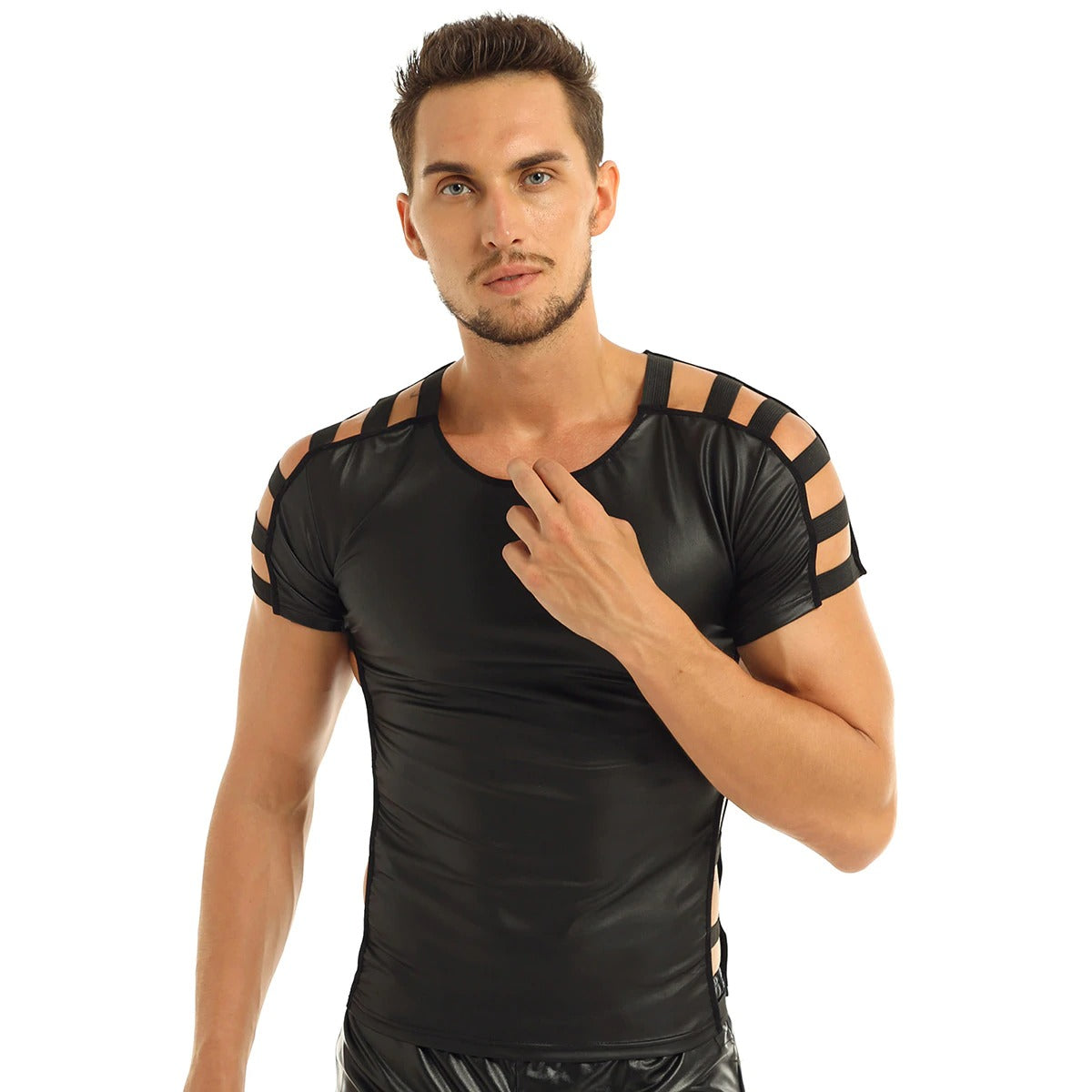 Men's Soft Faux Leather Night Clubwear Costume / Cut Out Elastic Band Fashion Pullover T-shirt Tops