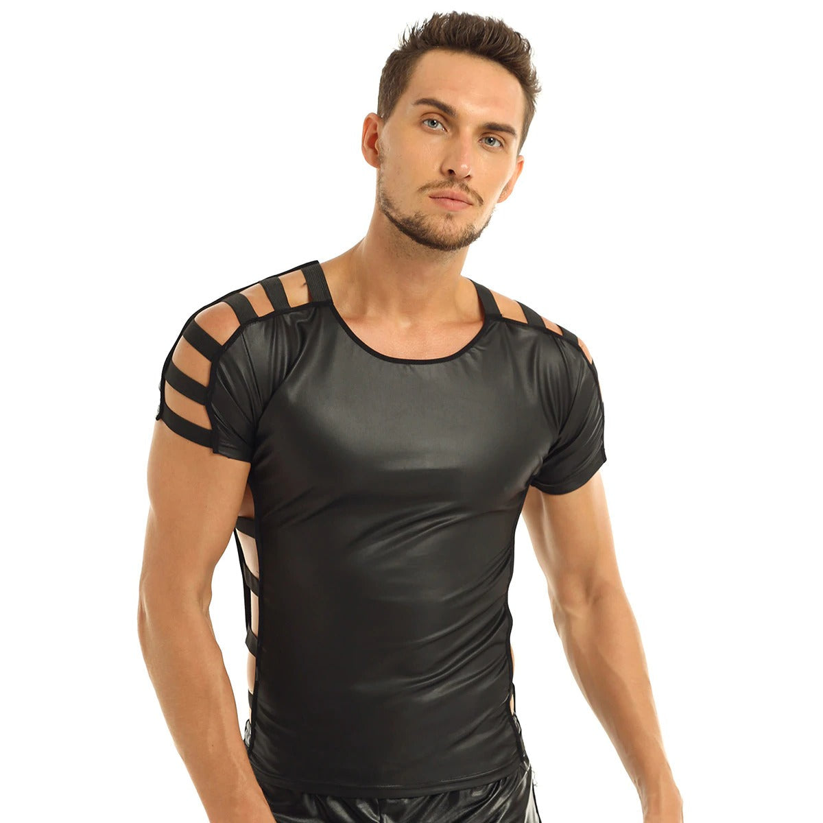 Men's Soft Faux Leather Night Clubwear Costume / Cut Out Elastic Band Fashion Pullover T-shirt Tops