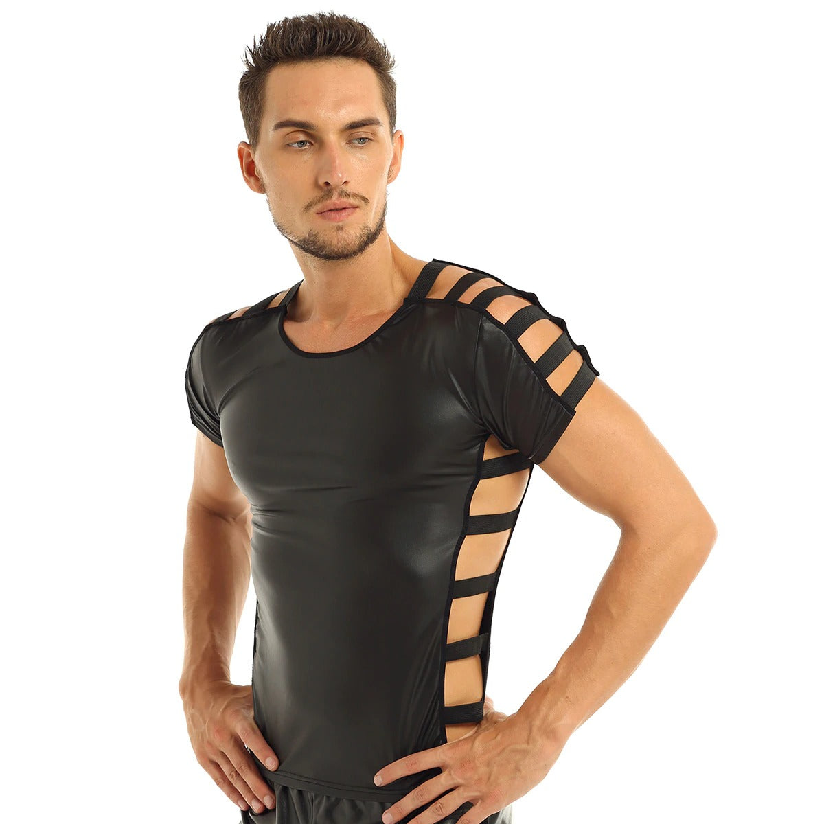 Men's Soft Faux Leather Night Clubwear Costume / Cut Out Elastic Band Fashion Pullover T-shirt Tops