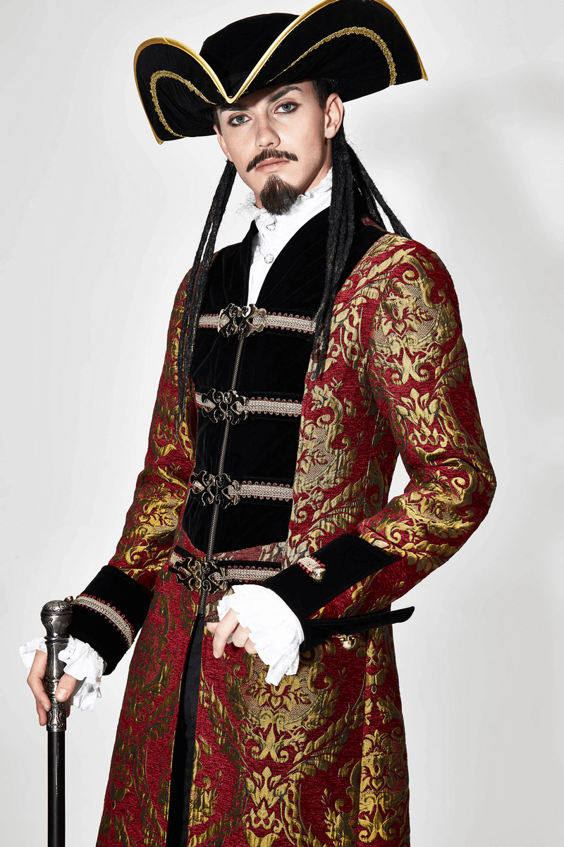 Men's Steampunk Gothic Embroidery Long Coat / Retro Red and Gold Pirate Overcoat