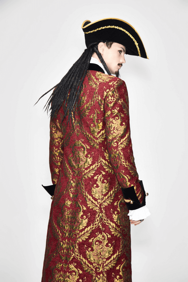 Men's Steampunk Gothic Embroidery Long Coat / Retro Red and Gold Pirate Overcoat