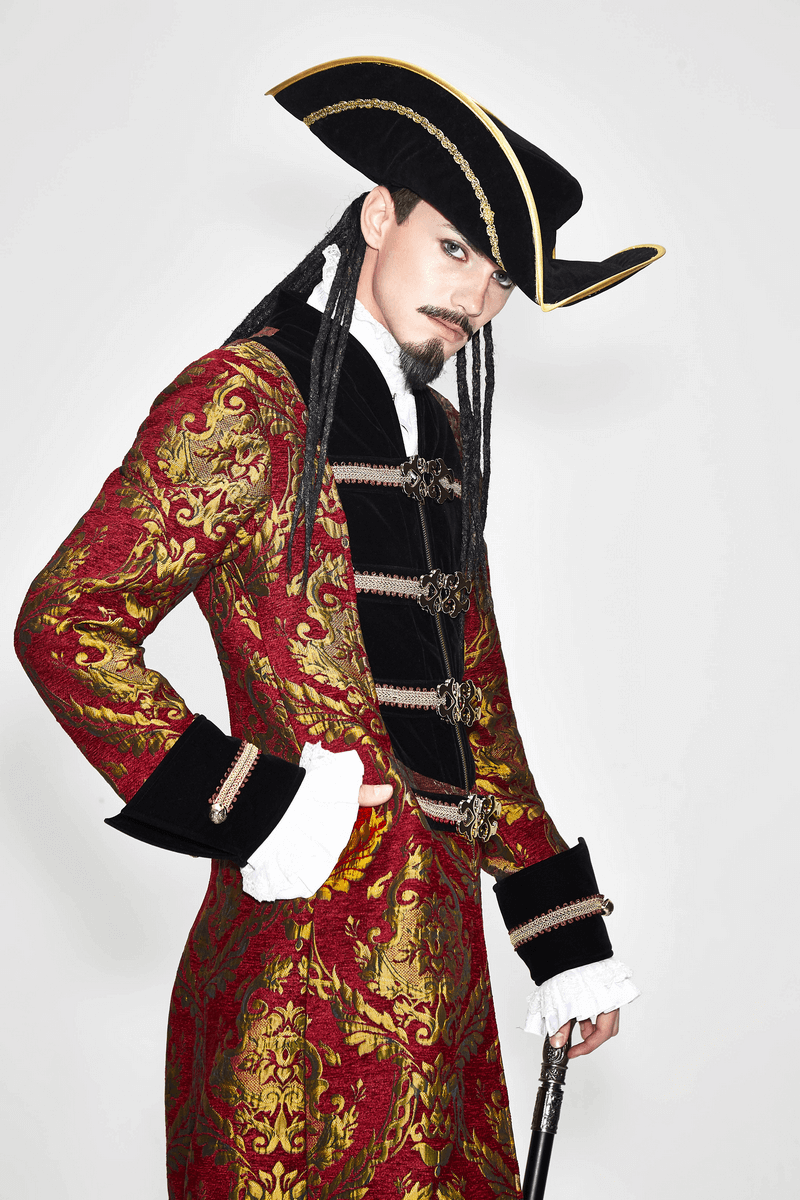 Men's Steampunk Gothic Embroidery Long Coat / Retro Red and Gold Pirate Overcoat