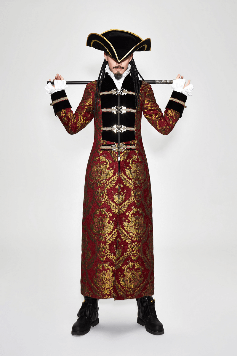 Men's Steampunk Gothic Embroidery Long Coat / Retro Red and Gold Pirate Overcoat