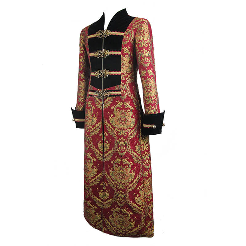 Men's Steampunk Gothic Embroidery Long Coat / Retro Red and Gold Pirate Overcoat