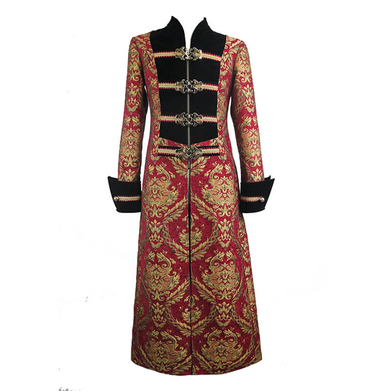 Men's Steampunk Gothic Embroidery Long Coat / Retro Red and Gold Pirate Overcoat