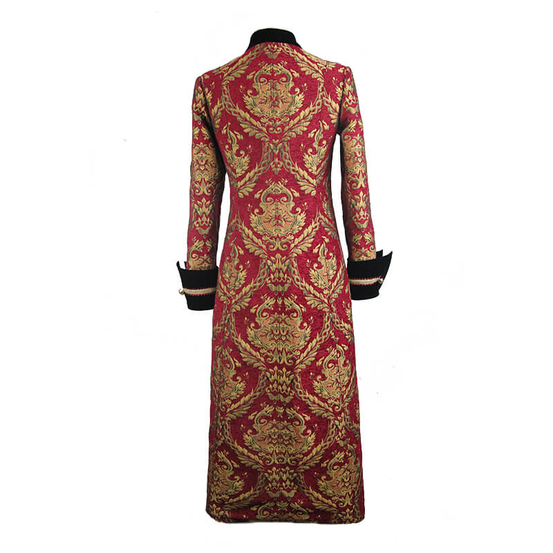 Men's Steampunk Gothic Embroidery Long Coat / Retro Red and Gold Pirate Overcoat