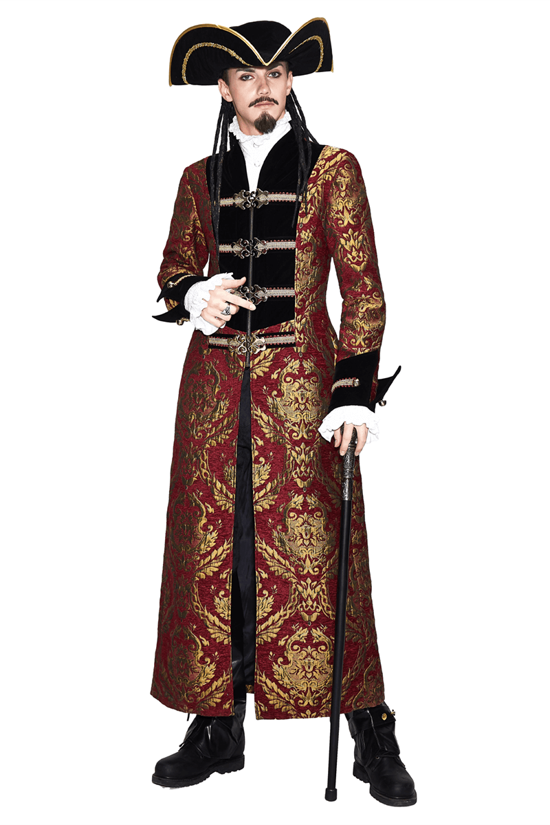 Men's Steampunk Gothic Embroidery Long Coat / Retro Red and Gold Pirate Overcoat