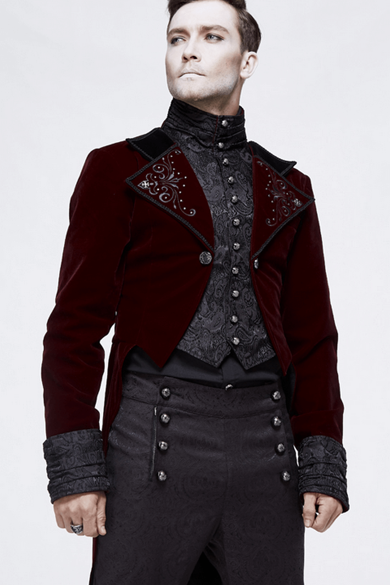 Men's Steampunk Velvet Coat / Retro Male Wine Red Redingote / Alternative Fashion