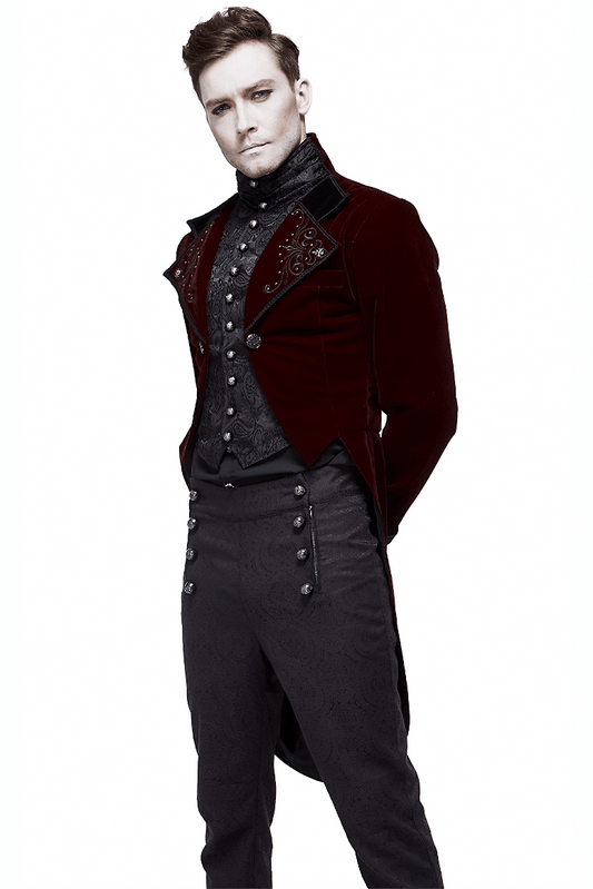 Men's Steampunk Velvet Coat / Retro Male Wine Red Redingote / Alternative Fashion