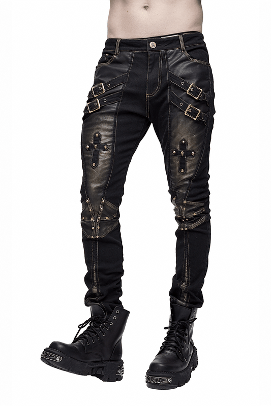 Men's Studded Tight Pants with Dual Buckle Straps / Gothic Style Trousers with Pockets