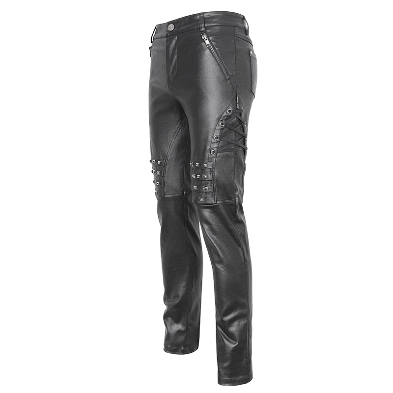 Men's Stylish Black Leather Biker Pants with Metal Accents