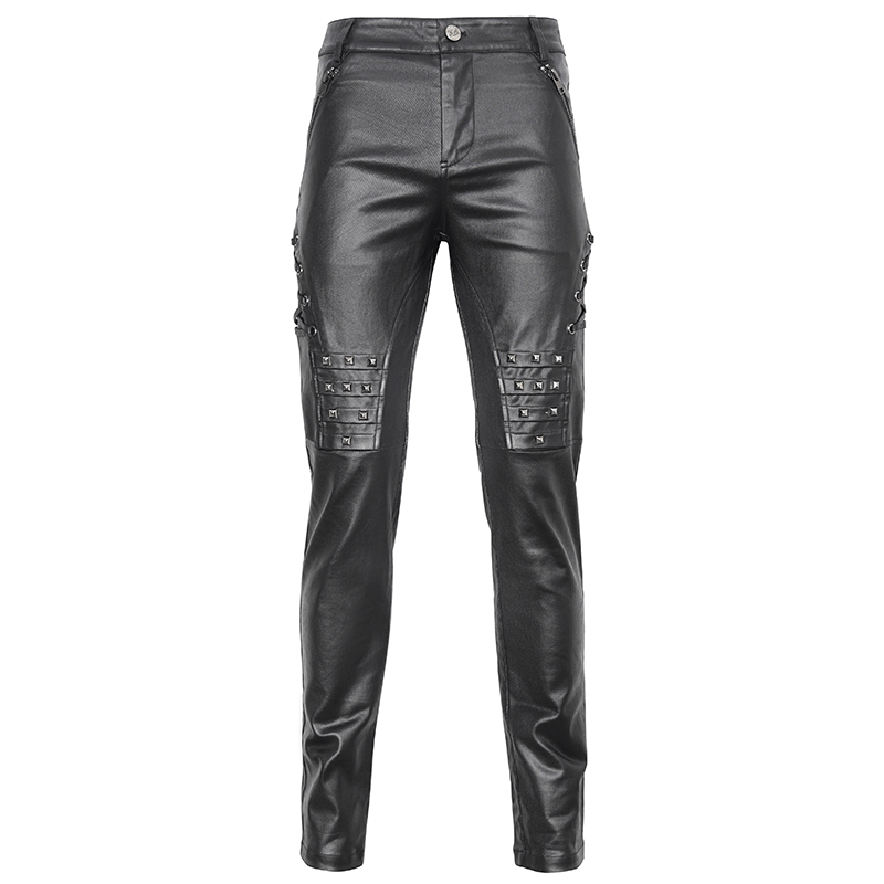 Men's Stylish Black Leather Biker Pants with Metal Accents