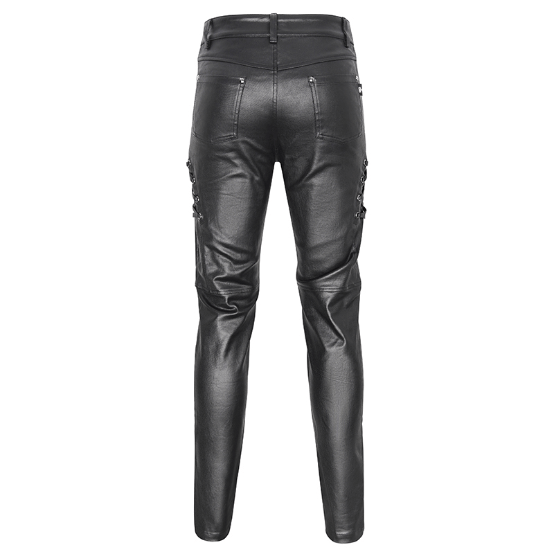 Men's Stylish Black Leather Biker Pants with Metal Accents