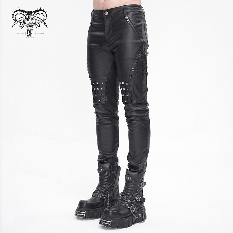 Men's Stylish Black Leather Biker Pants with Metal Accents