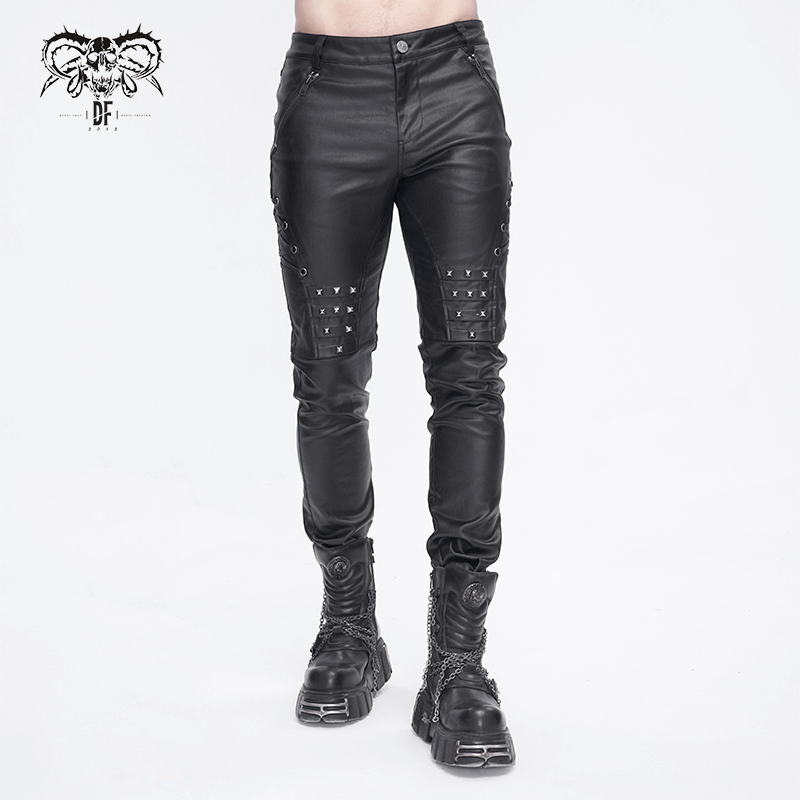 Men's Stylish Black Leather Biker Pants with Metal Accents