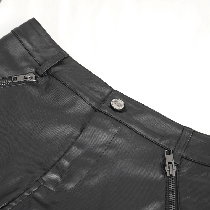 Men's Stylish Black Leather Biker Pants with Metal Accents