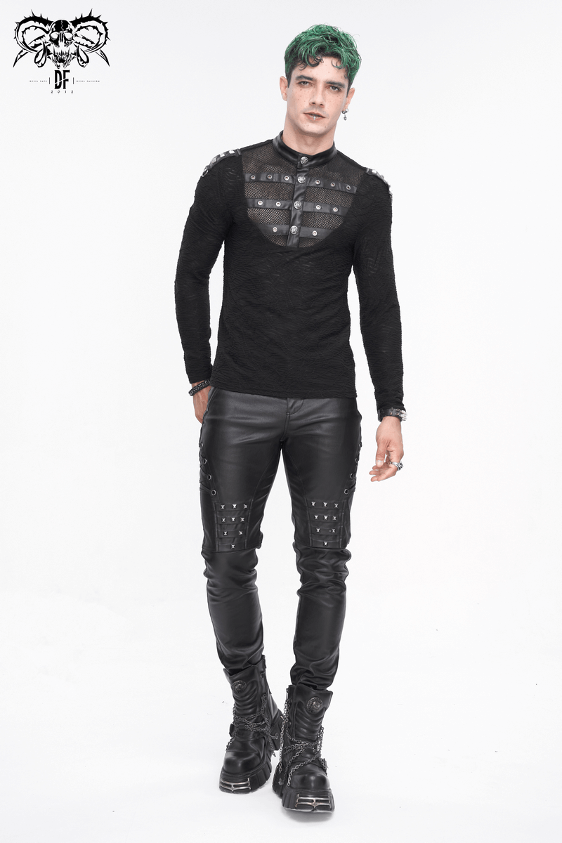 Men's Stylish Black Leather Biker Pants with Metal Accents