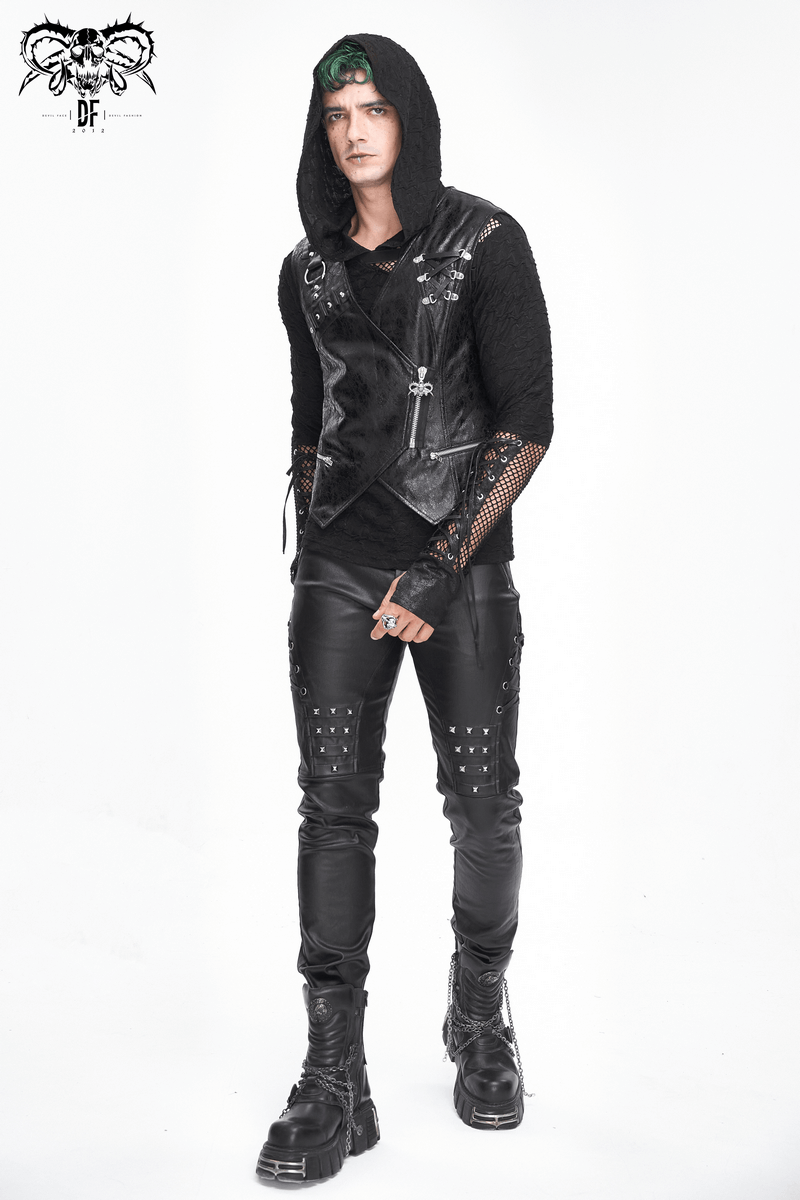 Men's Stylish Black Leather Biker Pants with Metal Accents