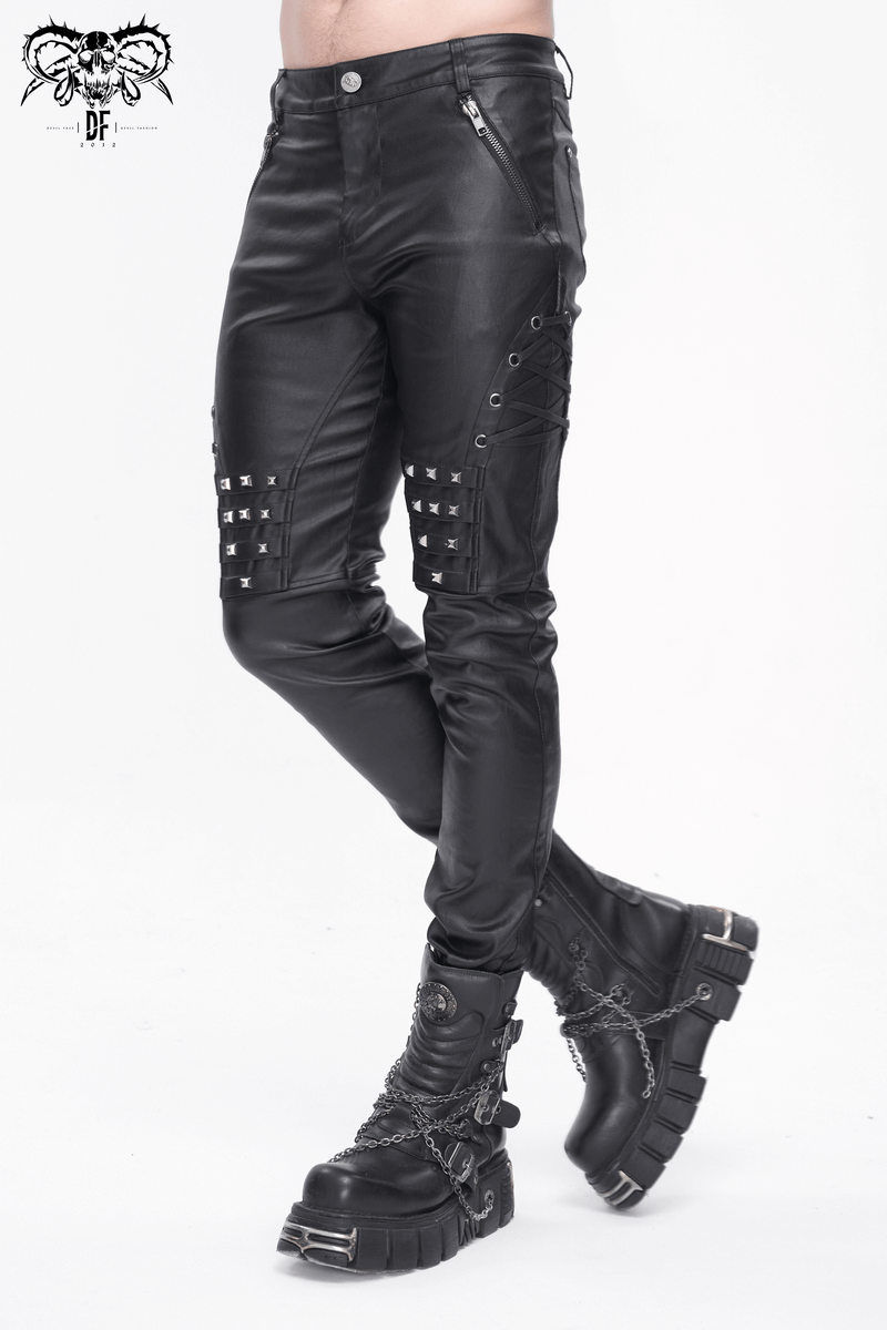 Men's Stylish Black Leather Biker Pants with Metal Accents