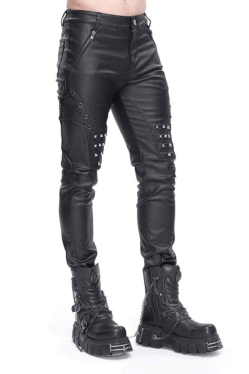 Men's Stylish Black Leather Biker Pants with Metal Accents