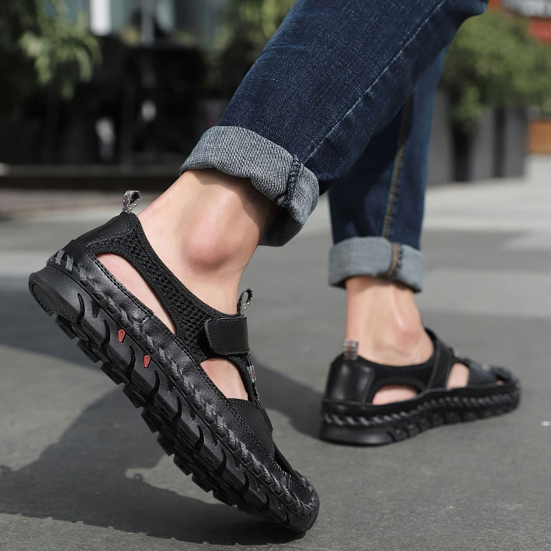 Men's Summer Leather Sandals With Non-Slip Wear-Resistant Outsole / Fashion Male Footwear
