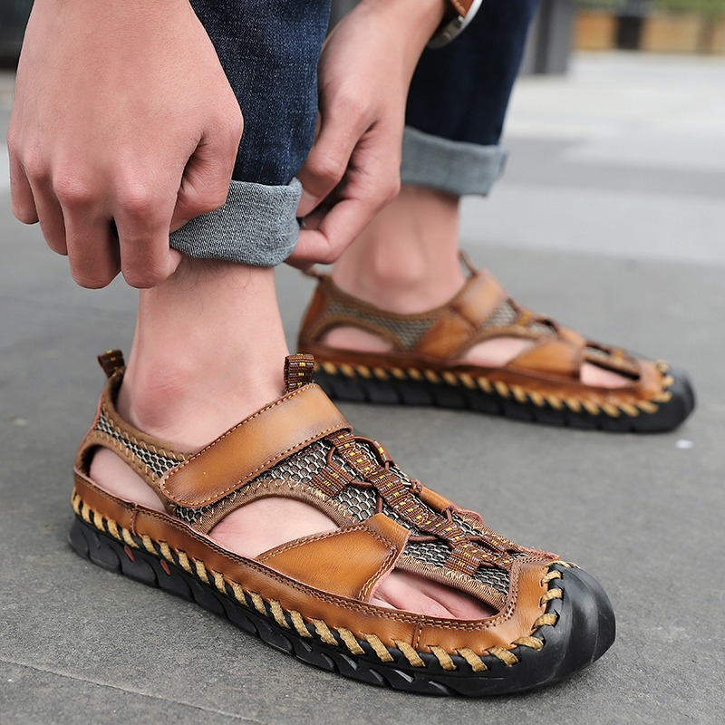Men's Summer Leather Sandals With Non-Slip Wear-Resistant Outsole / Fashion Male Footwear