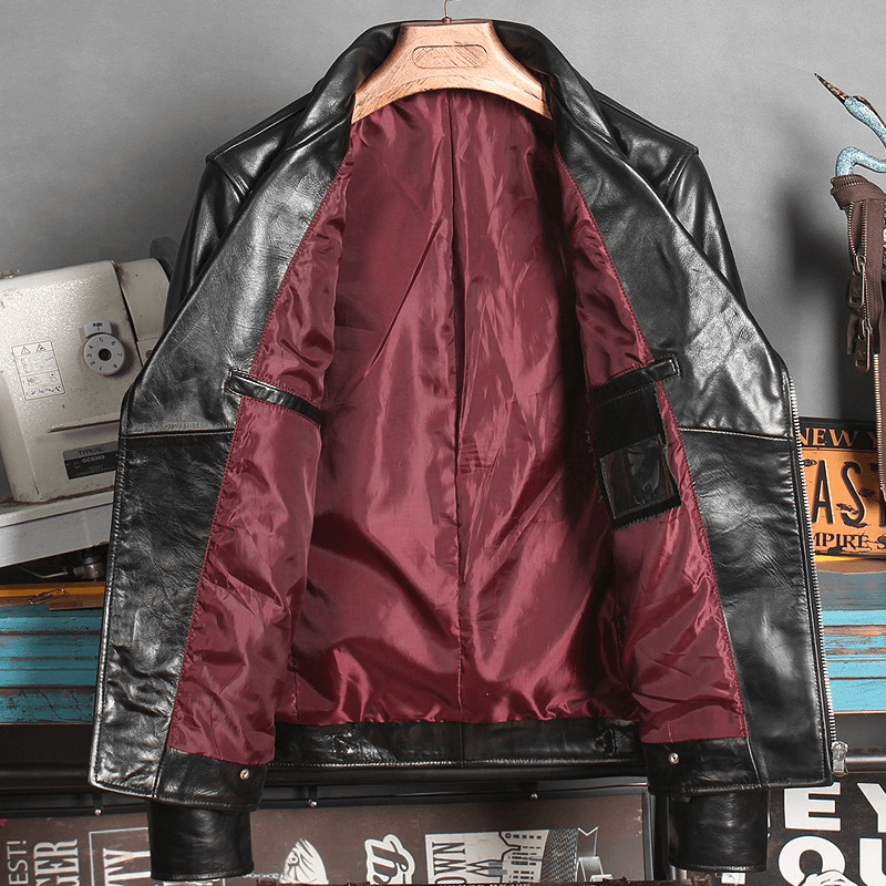 Men's Waxed Horsehide Classic Motorcycle Jacket / Black Genuine Leather Biker Clothing