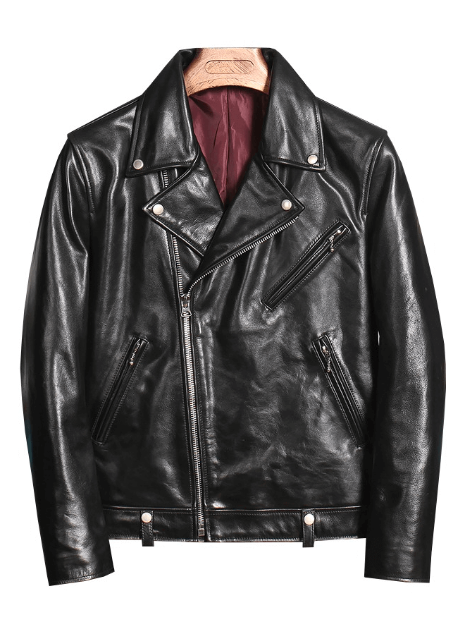 Men's Waxed Horsehide Classic Motorcycle Jacket / Black Genuine Leather Biker Clothing