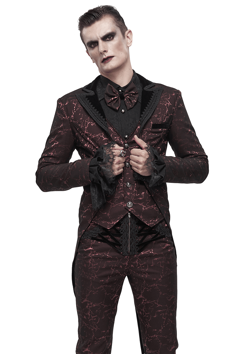 Men's Wine Red Slim Two-Piece Coat / Gothic Bright Patterned Tailcoat Decorated With Buttons & Lace