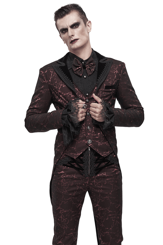 Men's Wine Red Slim Two-Piece Coat / Gothic Bright Patterned Tailcoat Decorated With Buttons & Lace