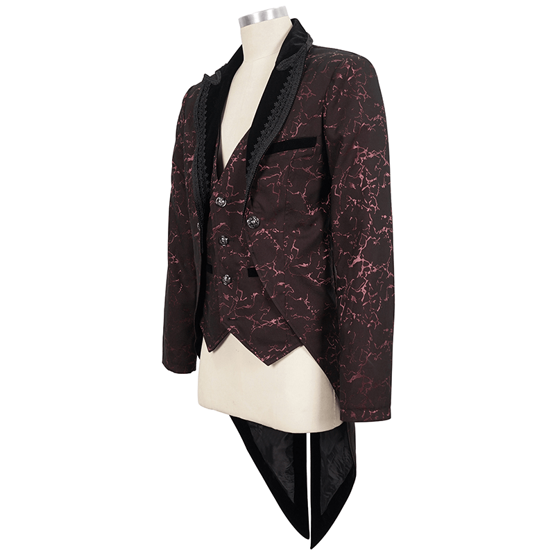 Men's Wine Red Slim Two-Piece Coat / Gothic Bright Patterned Tailcoat Decorated With Buttons & Lace