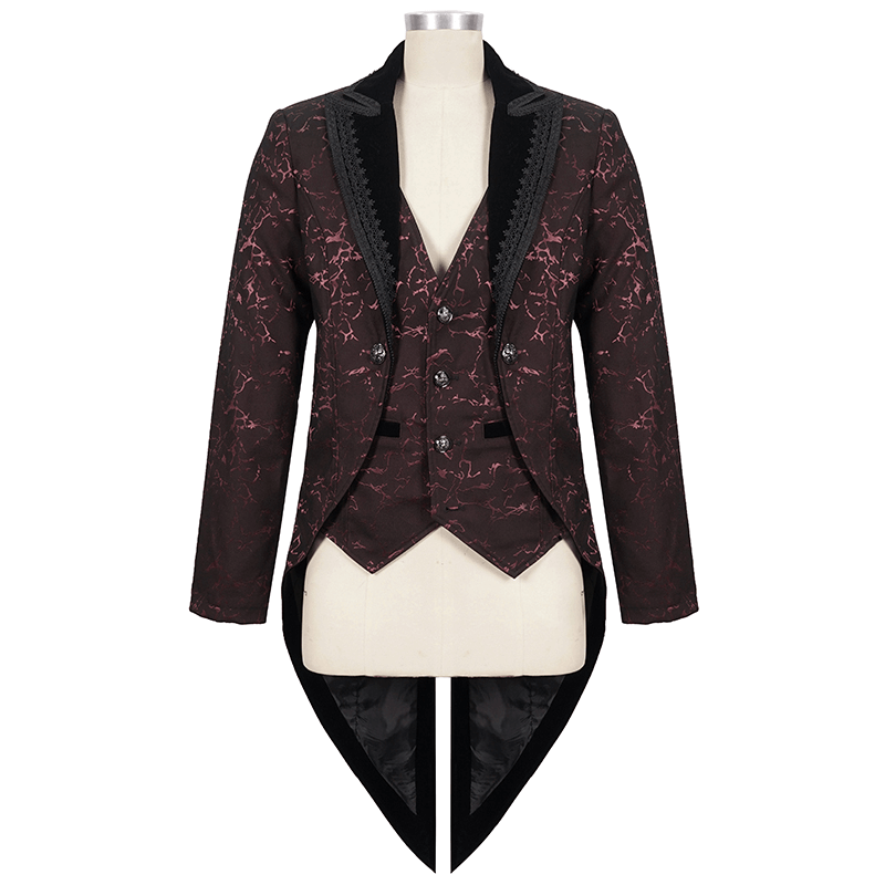 Men's Wine Red Slim Two-Piece Coat / Gothic Bright Patterned Tailcoat Decorated With Buttons & Lace