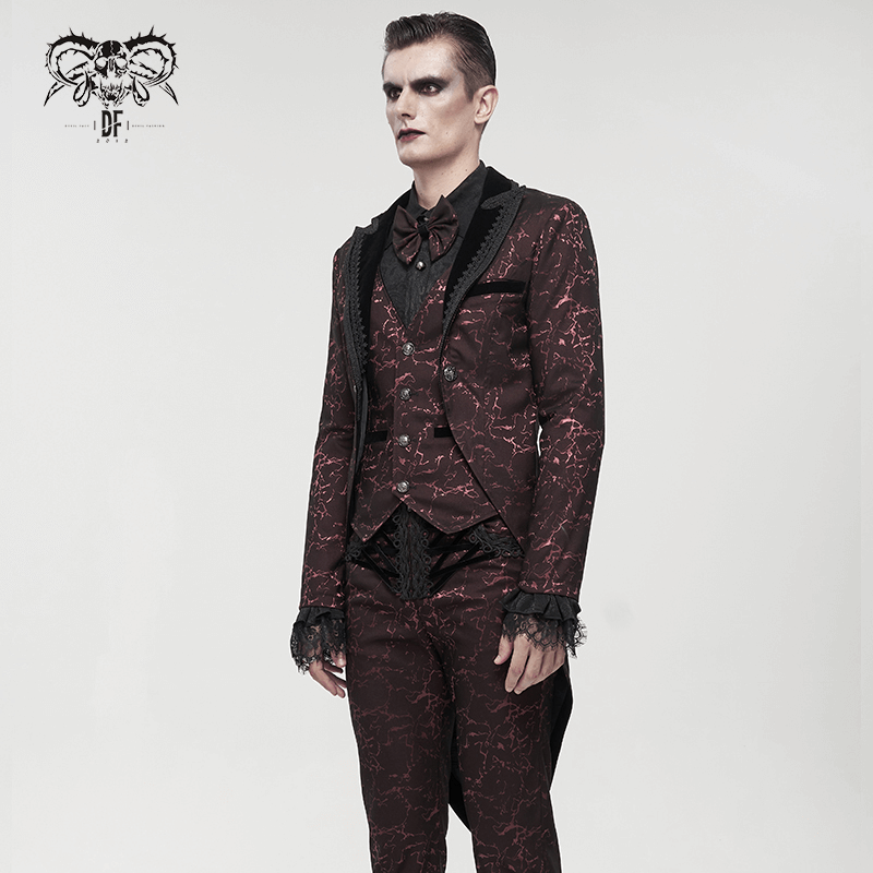 Men's Wine Red Slim Two-Piece Coat / Gothic Bright Patterned Tailcoat Decorated With Buttons & Lace