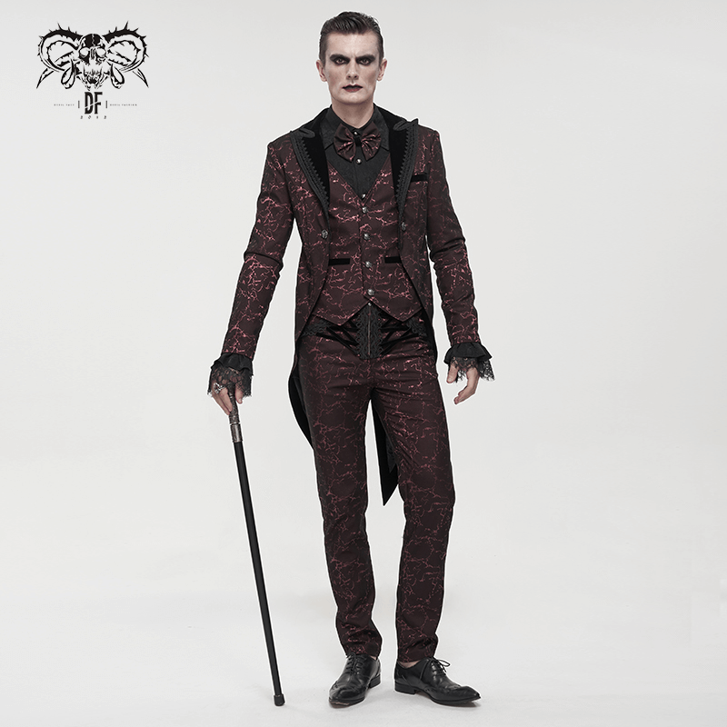 Men's Wine Red Slim Two-Piece Coat / Gothic Bright Patterned Tailcoat Decorated With Buttons & Lace