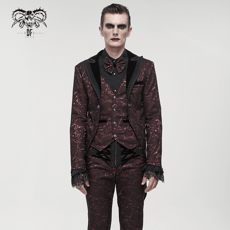 Men's Wine Red Slim Two-Piece Coat / Gothic Bright Patterned Tailcoat Decorated With Buttons & Lace