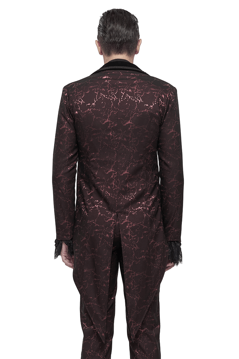 Men's Wine Red Slim Two-Piece Coat / Gothic Bright Patterned Tailcoat Decorated With Buttons & Lace