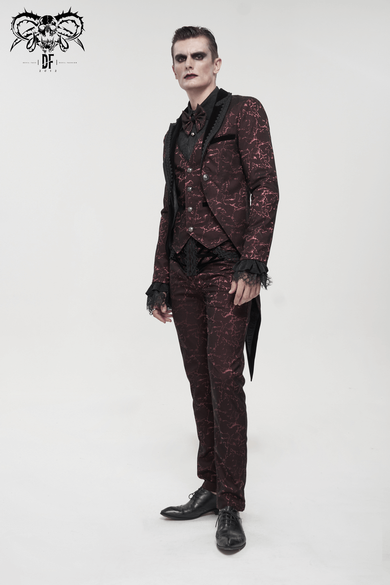 Men's Wine Red Slim Two-Piece Coat / Gothic Bright Patterned Tailcoat Decorated With Buttons & Lace