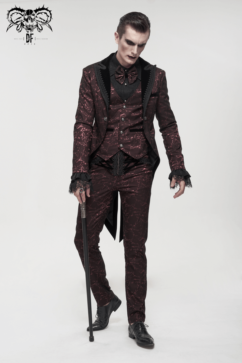 Men's Wine Red Slim Two-Piece Coat / Gothic Bright Patterned Tailcoat Decorated With Buttons & Lace