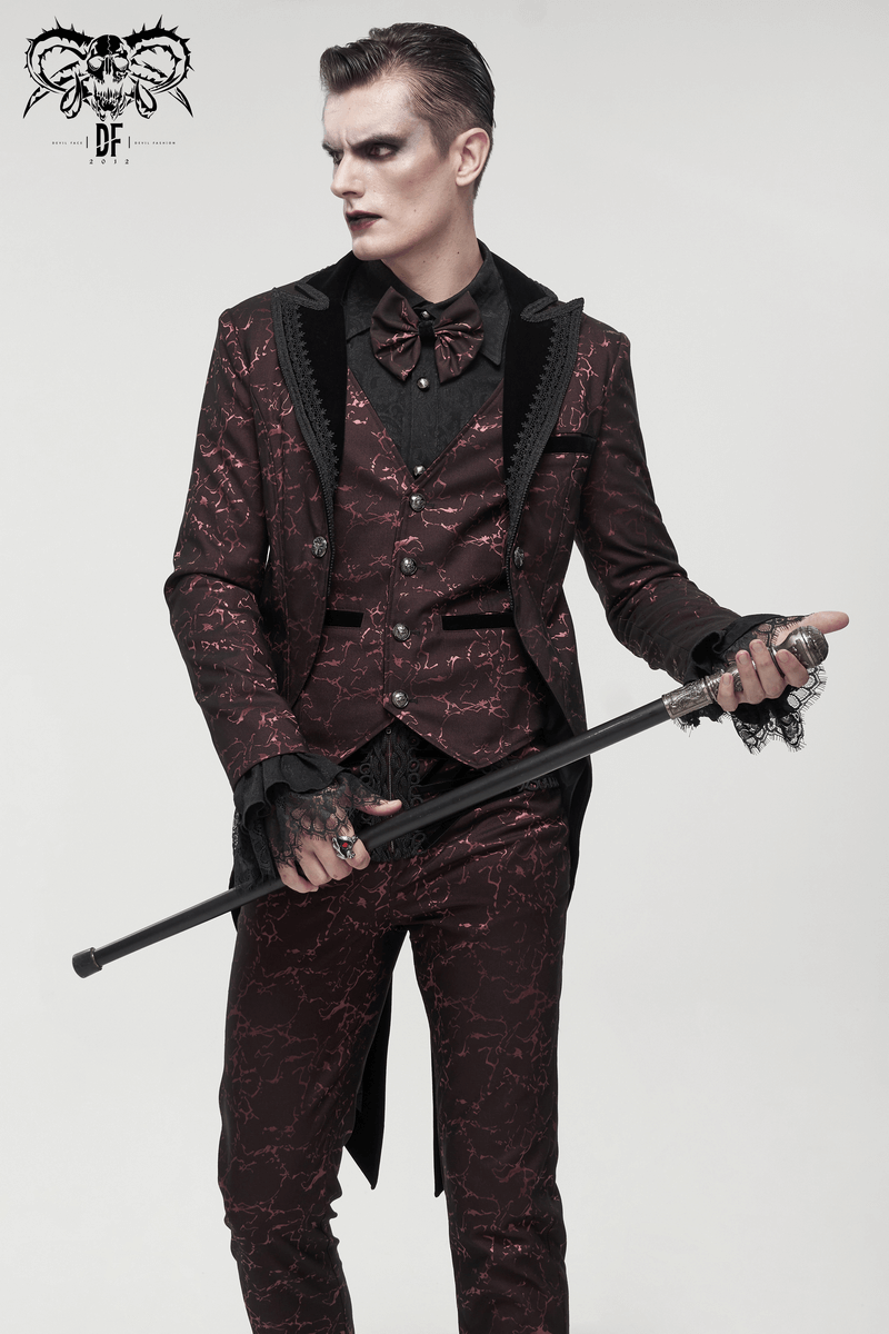 Men's Wine Red Slim Two-Piece Coat / Gothic Bright Patterned Tailcoat Decorated With Buttons & Lace