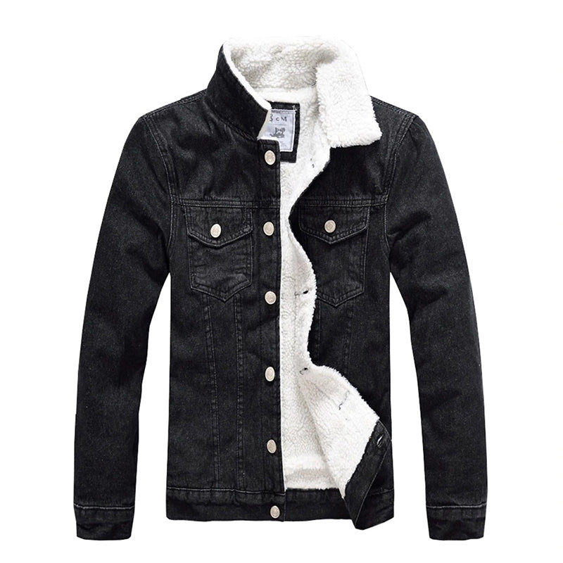Men's Winter Warm Fleece Slim Fit Black Denim Jacket and Coat