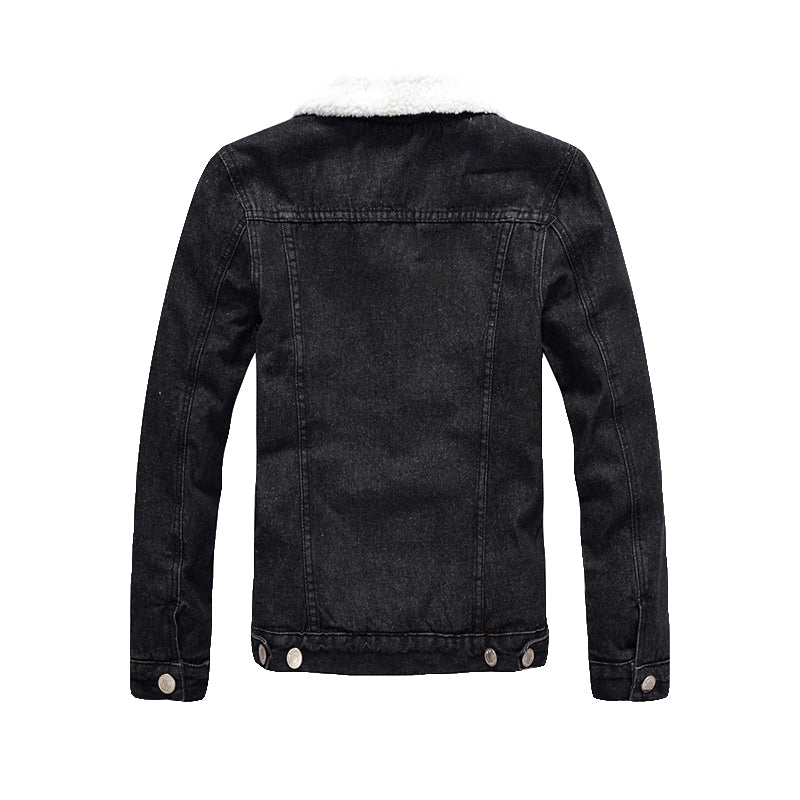Men's Winter Warm Fleece Slim Fit Black Denim Jacket and Coat