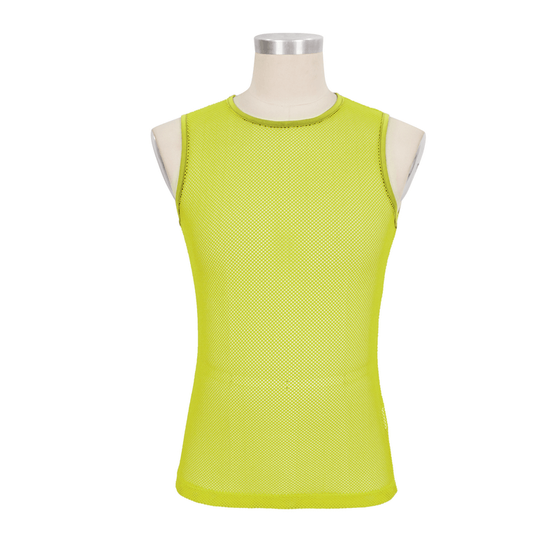 Men's Yellow Sleeveless Mesh Tank Top / Punk Round Neck See-Through T-shirt