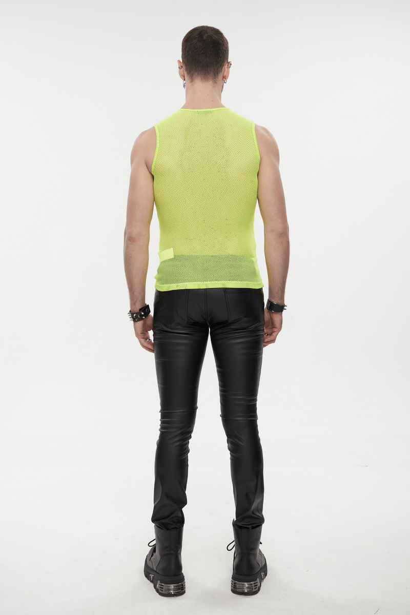 Men's Yellow Sleeveless Mesh Tank Top / Punk Round Neck See-Through T-shirt