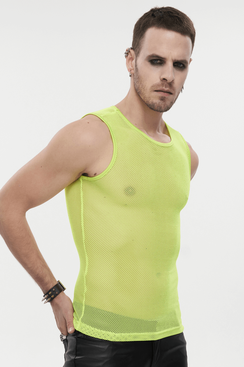 Men's Yellow Sleeveless Mesh Tank Top / Punk Round Neck See-Through T-shirt