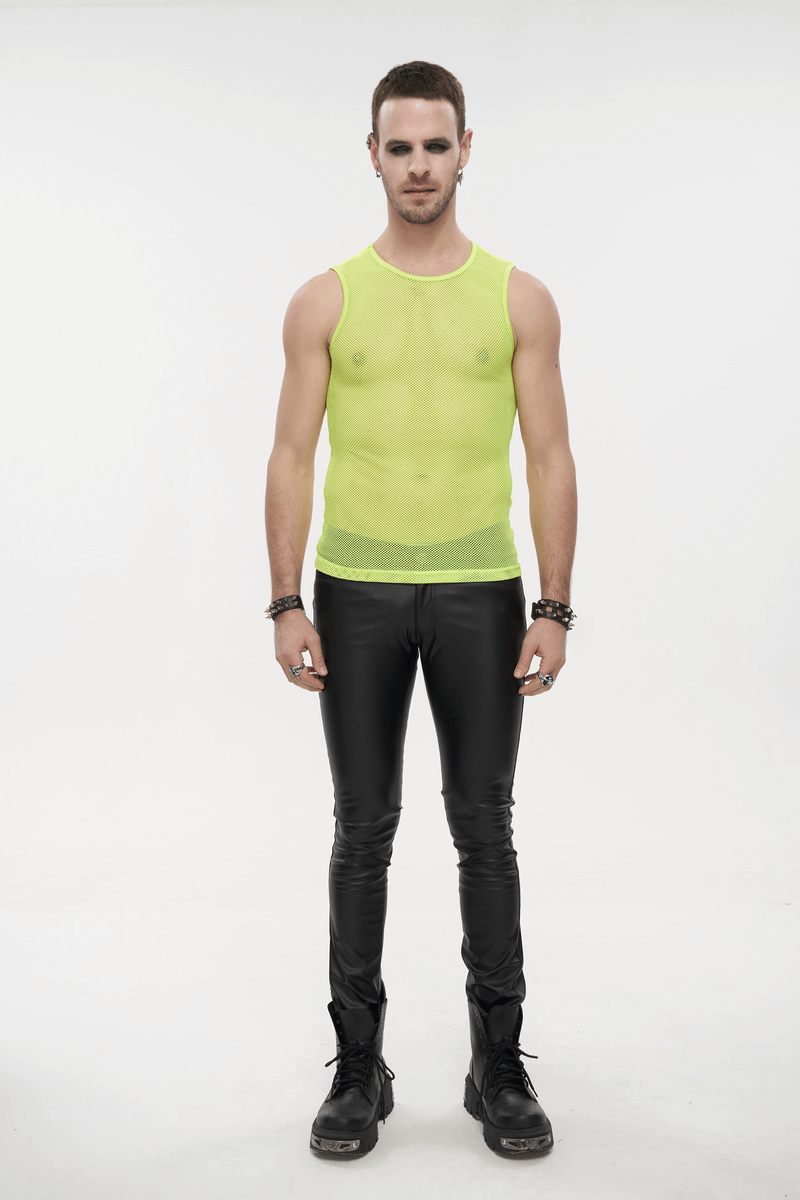 Men's Yellow Sleeveless Mesh Tank Top / Punk Round Neck See-Through T-shirt