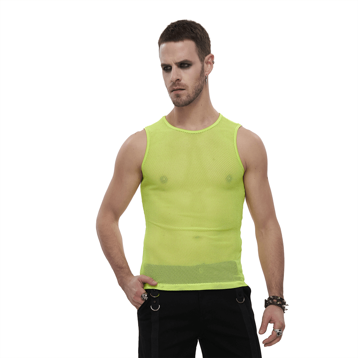 Men's Yellow Sleeveless Mesh Tank Top / Punk Round Neck See-Through T-shirt