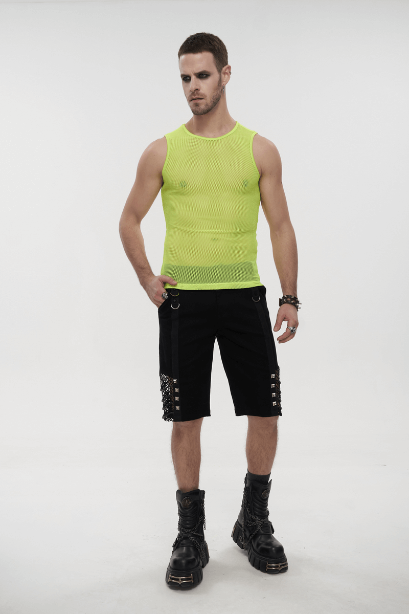 Men's Yellow Sleeveless Mesh Tank Top / Punk Round Neck See-Through T-shirt