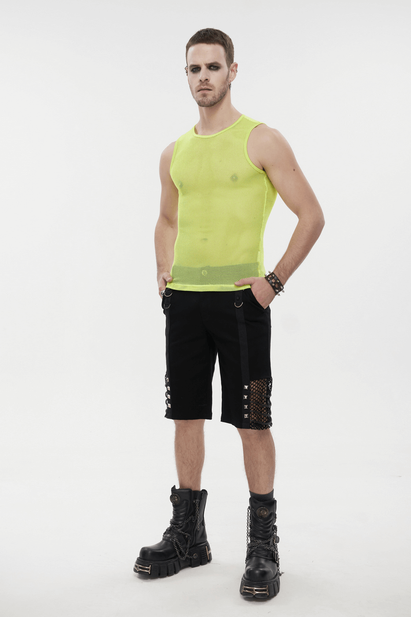Men's Yellow Sleeveless Mesh Tank Top / Punk Round Neck See-Through T-shirt