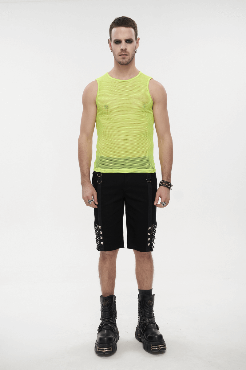 Men's Yellow Sleeveless Mesh Tank Top / Punk Round Neck See-Through T-shirt